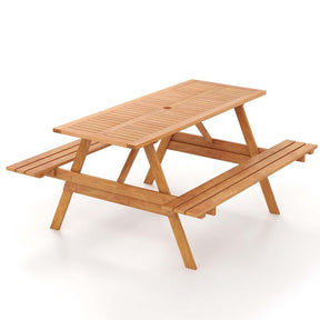 6-Person Rectangle Picnic Table with 2 Built-in Benches, Hardwood Outdoor Picnic Table Bench Set with 2-Inch Umbrella Hole