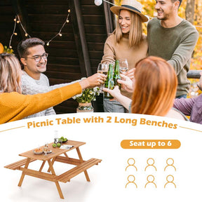 6-Person Rectangle Picnic Table with 2 Built-in Benches, Hardwood Outdoor Picnic Table Bench Set with 2-Inch Umbrella Hole