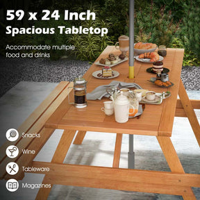 6-Person Rectangle Picnic Table with 2 Built-in Benches, Hardwood Outdoor Picnic Table Bench Set with 2-Inch Umbrella Hole