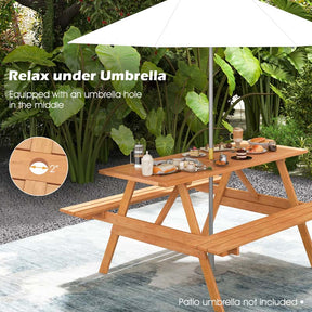 6-Person Rectangle Picnic Table with 2 Built-in Benches, Hardwood Outdoor Picnic Table Bench Set with 2-Inch Umbrella Hole