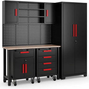 6-Piece Garage Organization Cabinets Set and Storage System with Pegboard & Rolling Chests, Tool Storage Chest for Workshop