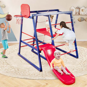 7-In-1 Metal Toddler Climbing Toy Jungle Gym Playground Set with Slide, Climbing net, Crowling Ladder, Basketball Hoop