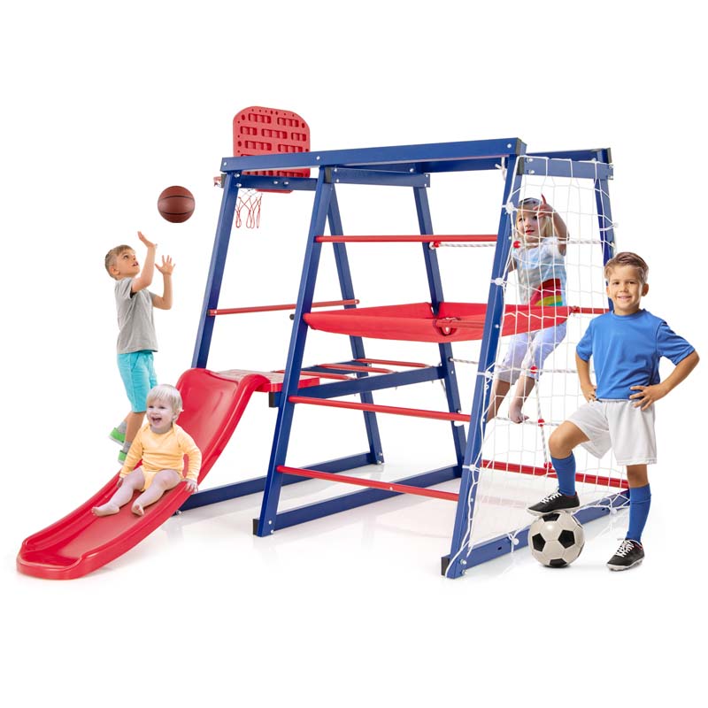 7-In-1 Metal Toddler Climbing Toy Jungle Gym Playground Set with Slide, Climbing net, Crowling Ladder, Basketball Hoop