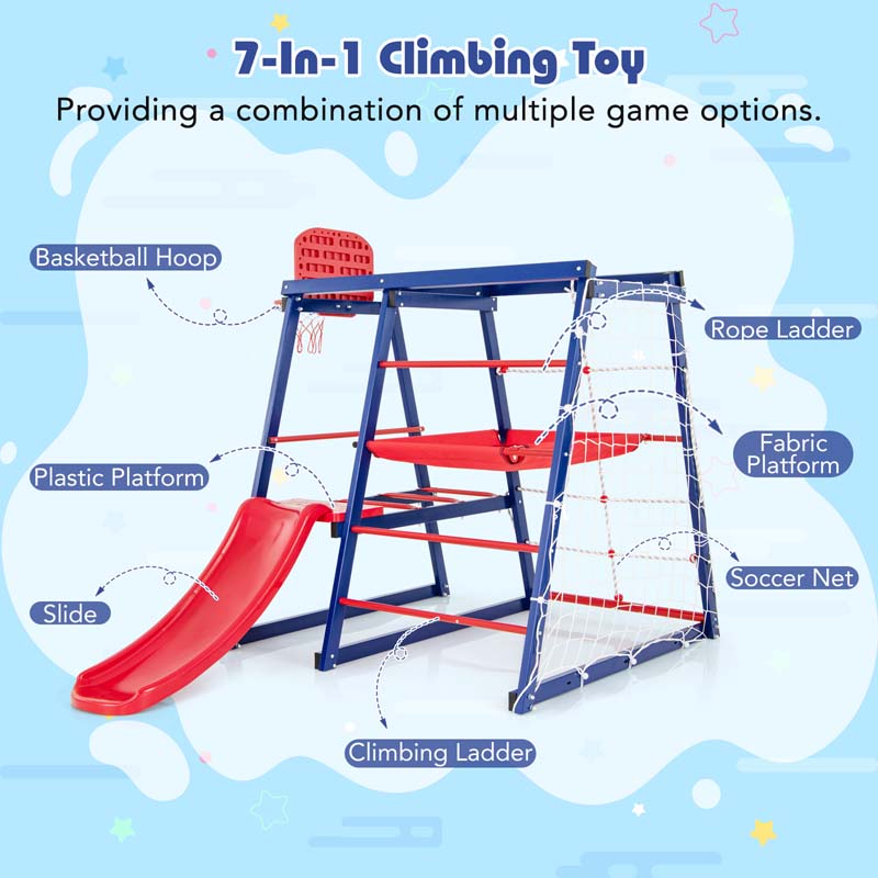 7-In-1 Metal Toddler Climbing Toy Jungle Gym Playground Set with Slide, Climbing net, Crowling Ladder, Basketball Hoop