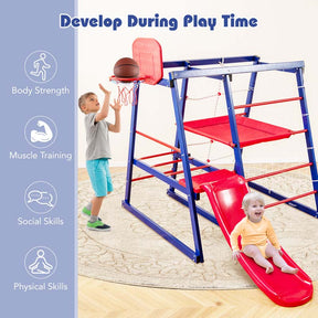 7-In-1 Metal Toddler Climbing Toy Jungle Gym Playground Set with Slide, Climbing net, Crowling Ladder, Basketball Hoop