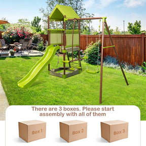 7-in-1 Heavy Duty Kids Swing Sets for Backyard with Slide, Upper Deck with Canopy, Sandbox, Climbing Rope, Glider and Swing