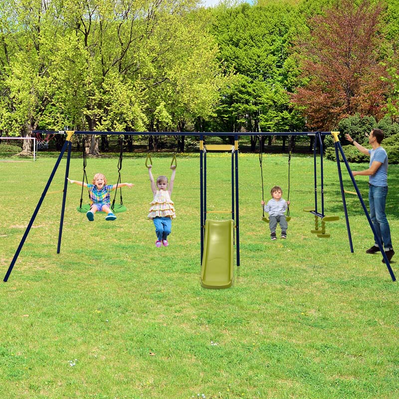 7-in-1 Extra Large Outdoor Swing Set for Backyard, 660 lbs Heavy Duty Swing Set with A-Frame Metal Swing Stand