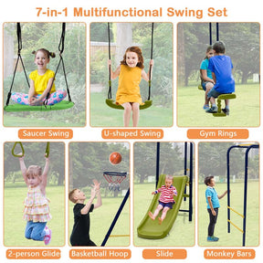 7-in-1 Extra Large Outdoor Swing Set for Backyard, 660 lbs Heavy Duty Swing Set with A-Frame Metal Swing Stand