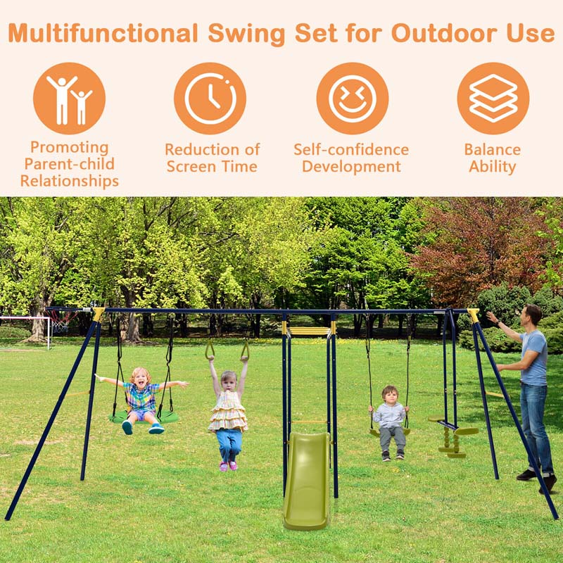 7-in-1 Extra Large Outdoor Swing Set for Backyard, 660 lbs Heavy Duty Swing Set with A-Frame Metal Swing Stand
