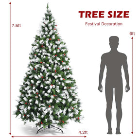 6/7.5/9FT Pre-lit Artificial Christmas Tree, Hinged Snow Flocked Xmas Tree w/Pine Cones, Red Berries & 250/550/900 LED Lights, 8 Lighting Modes