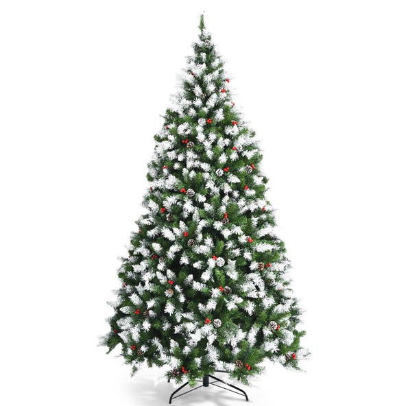 6/7.5/9FT Pre-lit Artificial Christmas Tree, Hinged Snow Flocked Xmas Tree w/Pine Cones, Red Berries & 250/550/900 LED Lights, 8 Lighting Modes