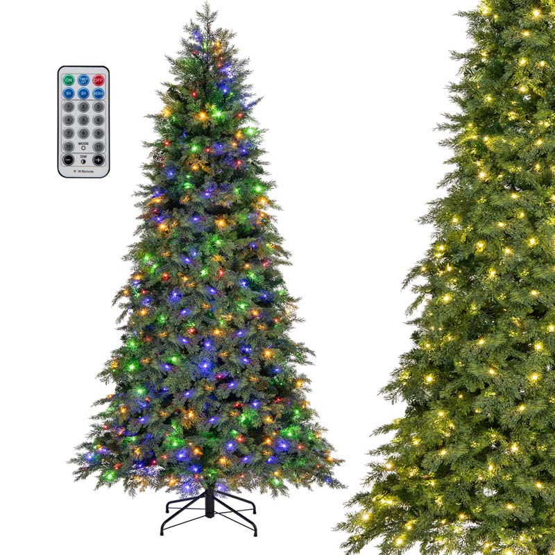 6/7.5 FT Pre-Lit Artificial Christmas Tree, Hinged Xmas Tree with 300/400 Multicolored & LED Lights, 11 Modes, 721/1019 PVC & PE Tips, Remote