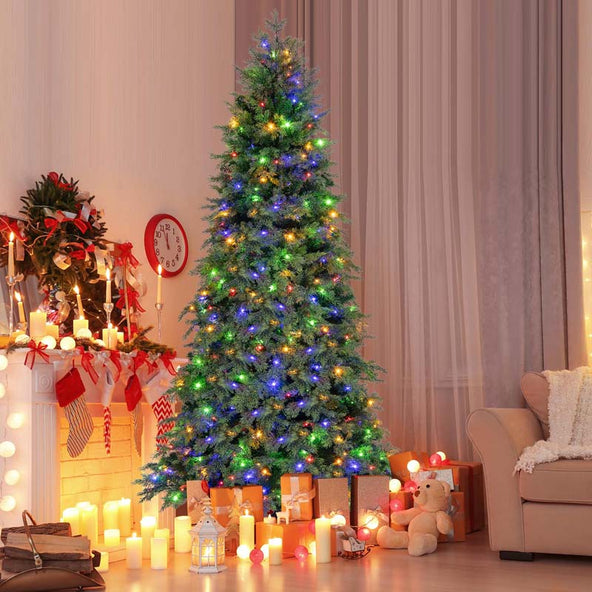 6/7.5 FT Pre-Lit Artificial Christmas Tree, Hinged Xmas Tree with 300/400 Multicolored & LED Lights, 11 Modes, 721/1019 PVC & PE Tips, Remote