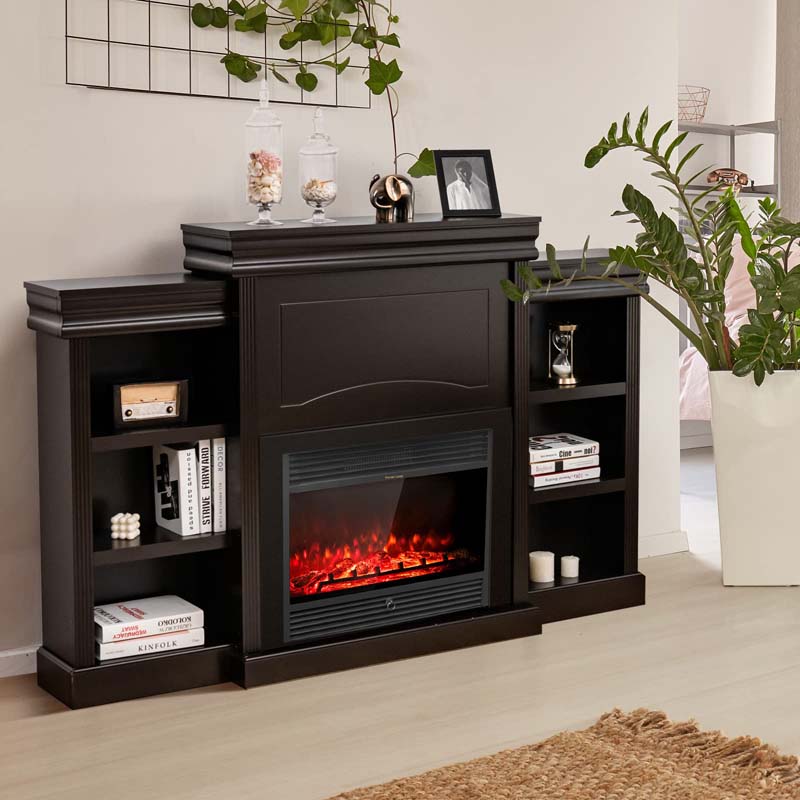 70" Modern Fireplace Cabinet Media Entertainment Center w/Bookcase, Wooden Mantel Stand Console Table for 28.5-Inch Electric Fireplace