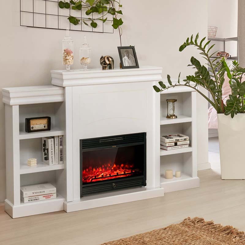 70" Modern Fireplace Cabinet Media Entertainment Center w/Bookcase, Wooden Mantel Stand Console Table for 28.5-Inch Electric Fireplace