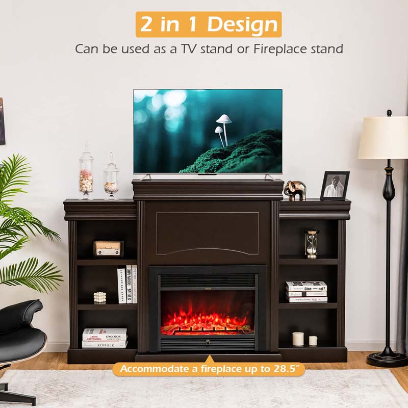 70" Modern Fireplace Cabinet Media Entertainment Center w/Bookcase, Wooden Mantel Stand Console Table for 28.5-Inch Electric Fireplace