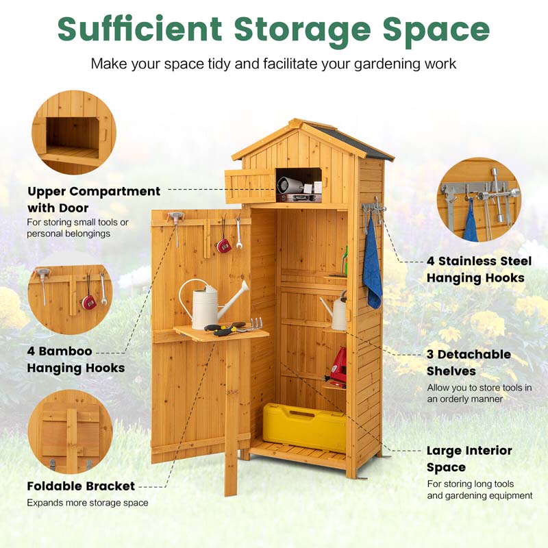 71" Tall Waterproof Wooden Outdoor Shed Garden Tool Storage Cabinet with Lockable Doors & Foldable Table