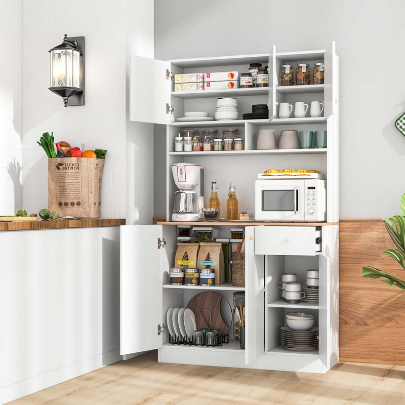 71" Tall Modern Pantry Cabinet w/Microwave Stand, Outlets & USB Ports, Freestanding Buffet Cupboard Kitchen Hutch Storage Cabinet