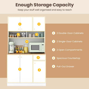 71" Tall Modern Pantry Cabinet w/Microwave Stand, Outlets & USB Ports, Freestanding Buffet Cupboard Kitchen Hutch Storage Cabinet