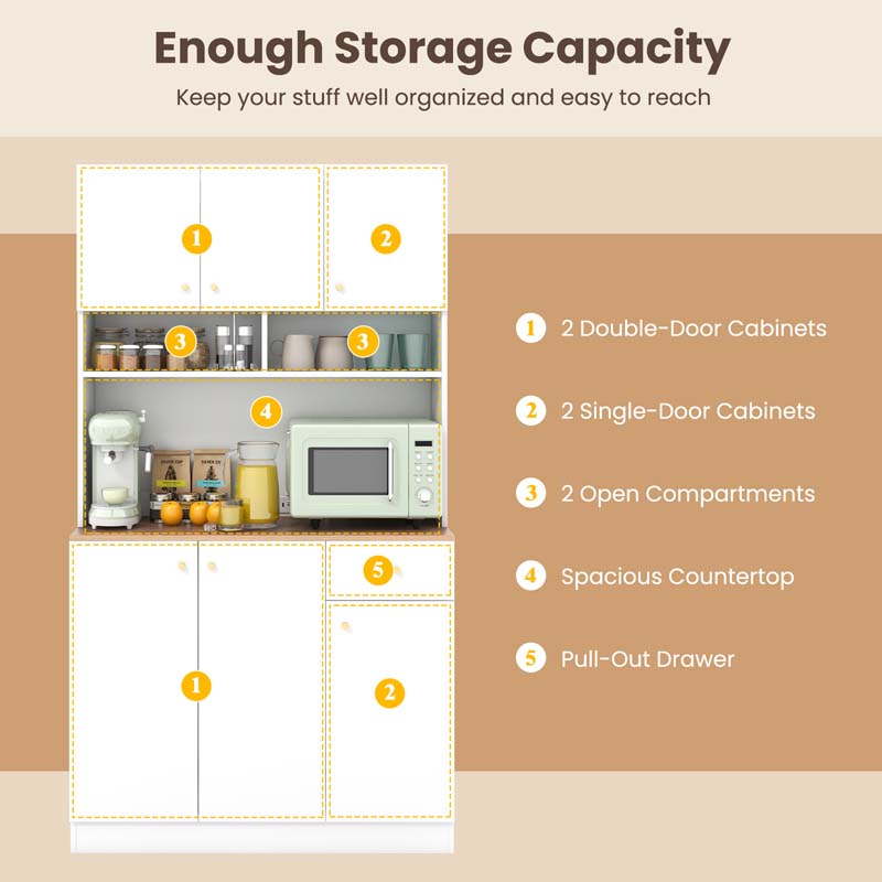 71" Tall Modern Pantry Cabinet w/Microwave Stand, Outlets & USB Ports, Freestanding Buffet Cupboard Kitchen Hutch Storage Cabinet