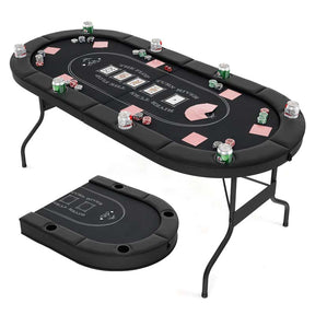 72" 8-Player Foldable Poker Table, Portable Texas Holdem Poker Tables w/Cup Holders, Oval Card Game Poker Table for Game Room