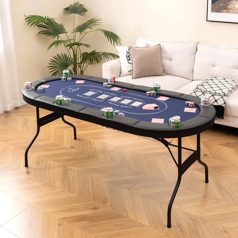 72" 8-Player Foldable Poker Table, Portable Texas Holdem Poker Tables w/Cup Holders, Oval Card Game Poker Table for Game Room