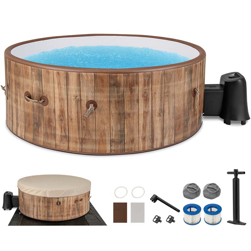 4-6 Person Wood Grain Inflatable Hot Tub, 72" Round Pool Hottub w/120 Air Jets, Heater Pump, Portable Outdoor Water SPA