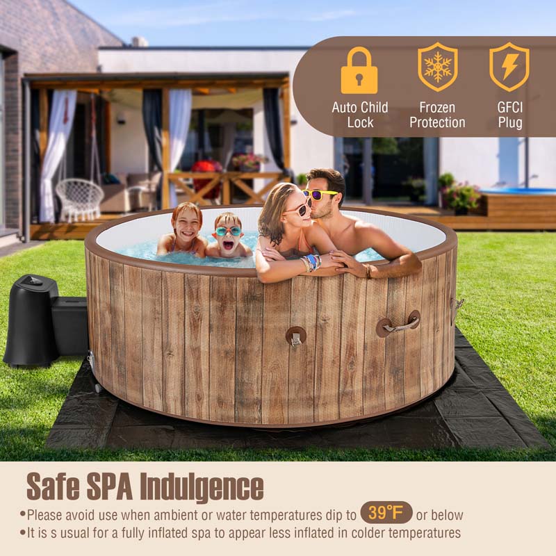 4-6 Person Wood Grain Inflatable Hot Tub, 72" Round Pool Hottub w/120 Air Jets, Heater Pump, Portable Outdoor Water SPA