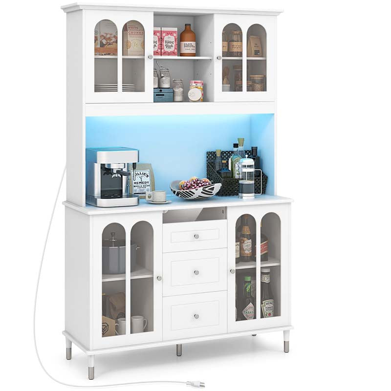 73" Kitchen Pantry Buffet Cabinet for Dining Room, Kitchen Hutch Storage Cabinet with LED Lights and Charging Station