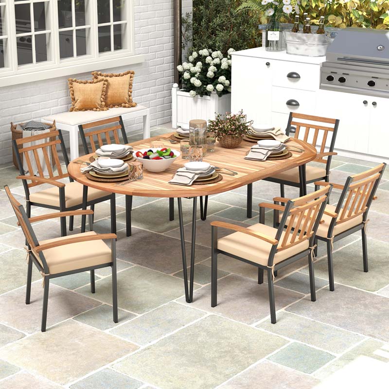 79" 8-People Oval Patio Dining Table w/Umbrella Hole, Acacia Wood Tabletop & Sturdy Metal Legs