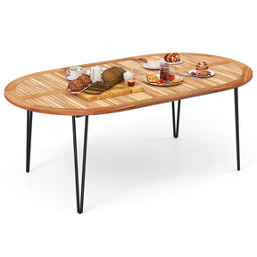 79" 8-People Oval Patio Dining Table w/Umbrella Hole, Acacia Wood Tabletop & Sturdy Metal Legs