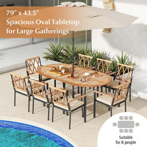 79" 8-People Oval Patio Dining Table w/Umbrella Hole, Acacia Wood Tabletop & Sturdy Metal Legs