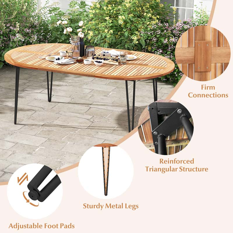 79" 8-People Oval Patio Dining Table w/Umbrella Hole, Acacia Wood Tabletop & Sturdy Metal Legs