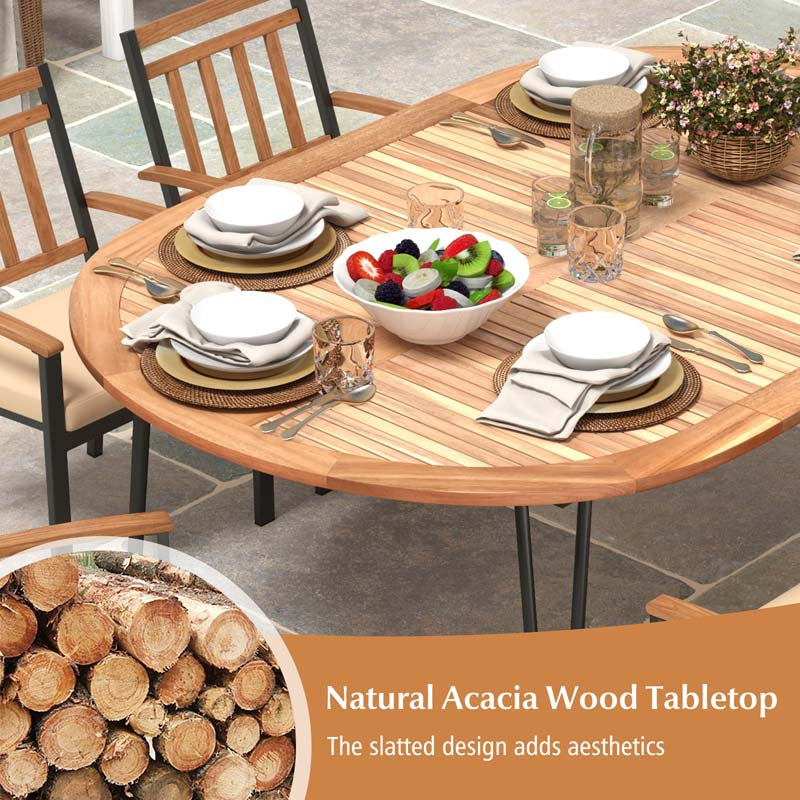 79" 8-People Oval Patio Dining Table w/Umbrella Hole, Acacia Wood Tabletop & Sturdy Metal Legs