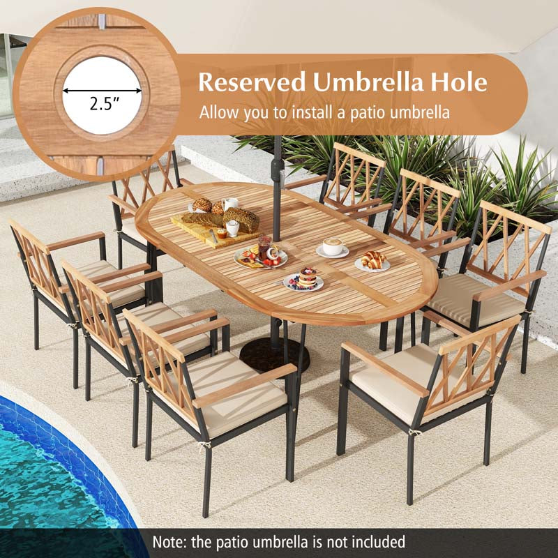 79" 8-People Oval Patio Dining Table w/Umbrella Hole, Acacia Wood Tabletop & Sturdy Metal Legs