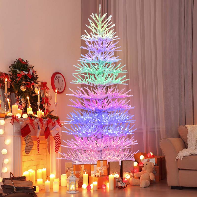 7 FT Pre-Lit Artificial Christmas Tree with 923 Multicolored LED RGB Lights, 820 White Branch Tips, Remote, Hinged Xmas Twig Tree Decor