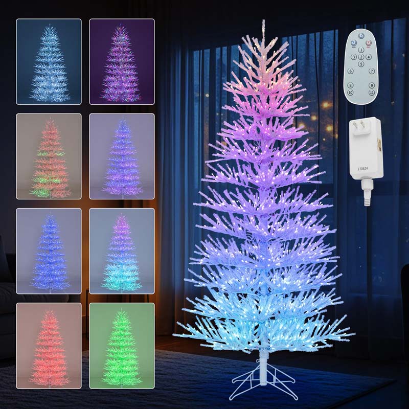 7 FT Pre-Lit Artificial Christmas Tree with 923 Multicolored LED RGB Lights, 820 White Branch Tips, Remote, Hinged Xmas Twig Tree Decor