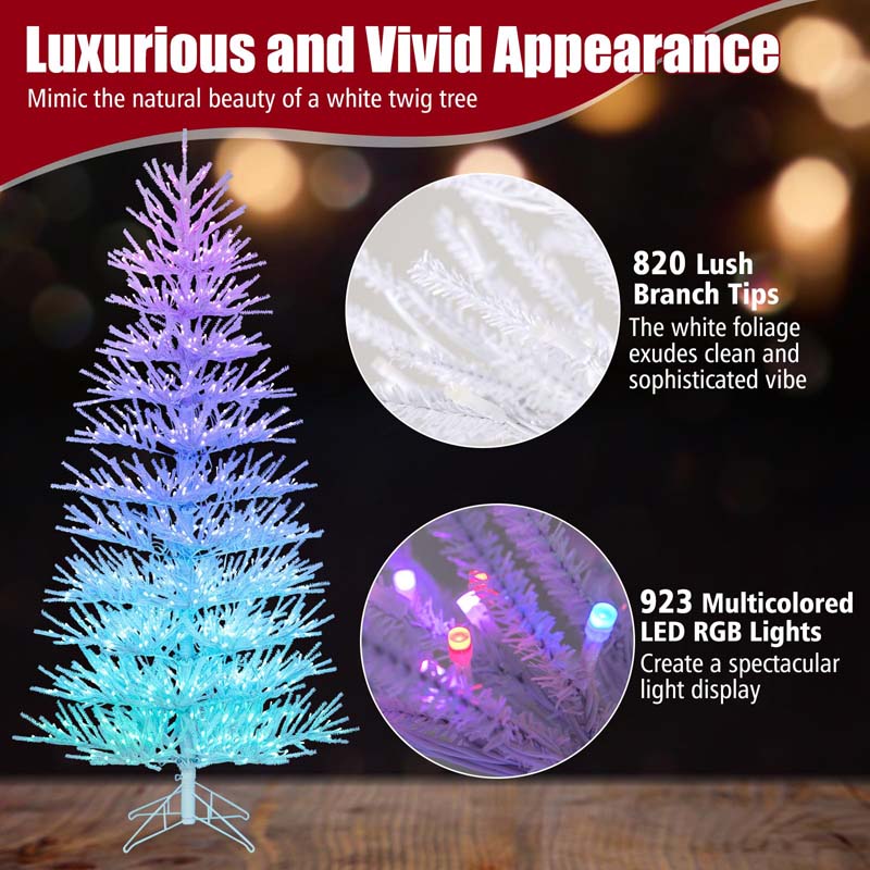 7 FT Pre-Lit Artificial Christmas Tree with 923 Multicolored LED RGB Lights, 820 White Branch Tips, Remote, Hinged Xmas Twig Tree Decor