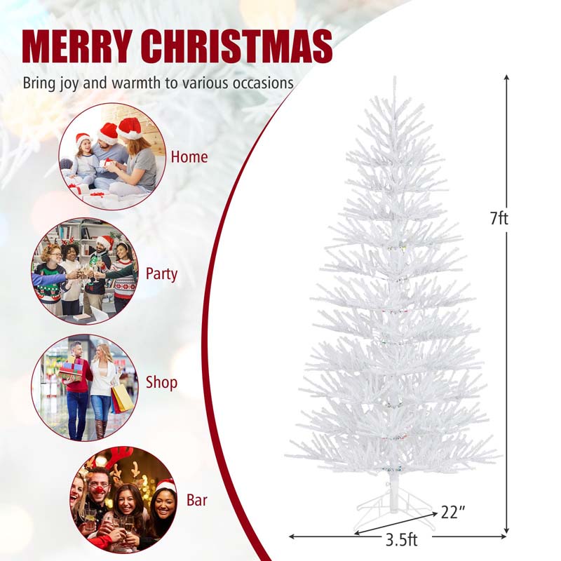 7 FT Pre-Lit Artificial Christmas Tree with 923 Multicolored LED RGB Lights, 820 White Branch Tips, Remote, Hinged Xmas Twig Tree Decor