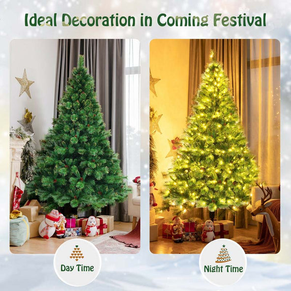 7FT Pre-Lit Christmas Tree with 500 LED Lights Artificial Xmas Tree with 1233 PVC Branch Tips 35 Pine Cones