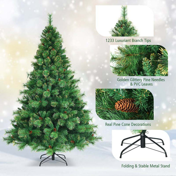 7FT Pre-Lit Christmas Tree with 500 LED Lights Artificial Xmas Tree with 1233 PVC Branch Tips 35 Pine Cones