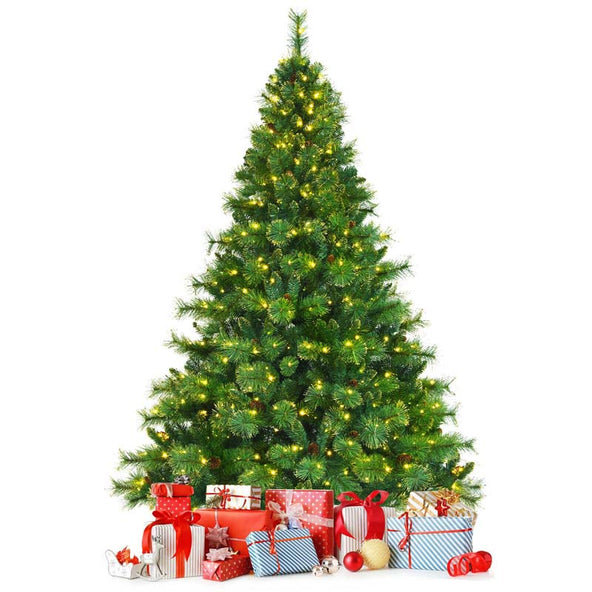 7FT Pre-Lit Christmas Tree with 500 LED Lights Artificial Xmas Tree with 1233 PVC Branch Tips 35 Pine Cones