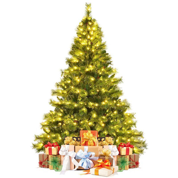 7FT Pre-Lit Christmas Tree with 500 LED Lights Artificial Xmas Tree with 1233 PVC Branch Tips 35 Pine Cones