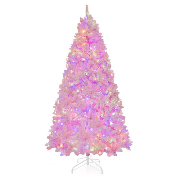 7 FT Pink Pre-lit Christmas Tree, Hinged Snow Flocked Artificial Xmas Tree with 1200 Branch Tips, 8 Lighting Modes & 500 Multi-Color LED Lights