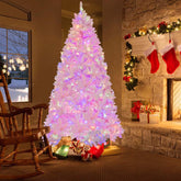 7 FT Pink Pre-lit Christmas Tree, Hinged Snow Flocked Artificial Xmas Tree with 1200 Branch Tips, 8 Lighting Modes & 500 Multi-Color LED Lights