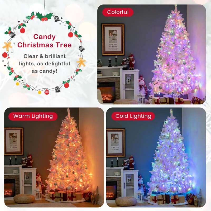 7 FT Pink Pre-lit Christmas Tree, Hinged Snow Flocked Artificial Xmas Tree with 1200 Branch Tips, 8 Lighting Modes & 500 Multi-Color LED Lights