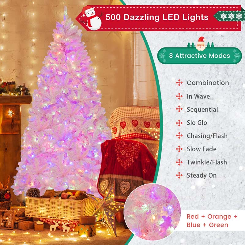 7 FT Pink Pre-lit Christmas Tree, Hinged Snow Flocked Artificial Xmas Tree with 1200 Branch Tips, 8 Lighting Modes & 500 Multi-Color LED Lights