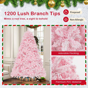 7 FT Pink Pre-lit Christmas Tree, Hinged Snow Flocked Artificial Xmas Tree with 1200 Branch Tips, 8 Lighting Modes & 500 Multi-Color LED Lights