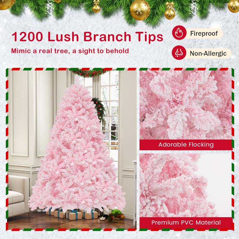 7 FT Pink Pre-lit Christmas Tree, Hinged Snow Flocked Artificial Xmas Tree with 1200 Branch Tips, 8 Lighting Modes & 500 Multi-Color LED Lights