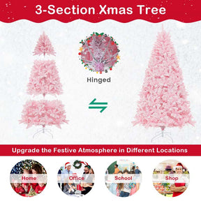 7 FT Pink Pre-lit Christmas Tree, Hinged Snow Flocked Artificial Xmas Tree with 1200 Branch Tips, 8 Lighting Modes & 500 Multi-Color LED Lights